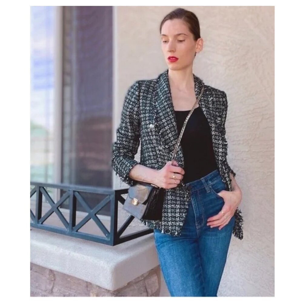 Rachel Zoe Fringe Tweed Blazer Jacket Size S Plaid Academia Preppy Office Green